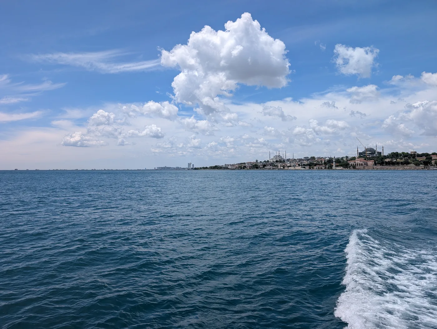 Panoramic view of Istanbul from departing ferry in the Sea of Marmara